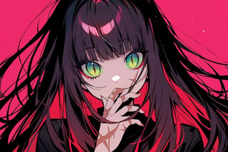 Visual Illustration, 1girl, solo, long hair, looking at viewer, bangs, pink background, darkyellow hair, slit pupils, red background, green sclera, silver eyes, cat eyes, hand on own mouth, scar on hand, colored sclera, flower, white eyes