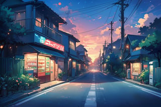 Visual Anime, outdoors, masterpiece, best quality, 
 sky, cloud, tree, no humans, night, plant, building, star (sky), scenery, starry sky, sunset, sign, potted plant, road, house, power lines, street, utility pole, vending machine, crosswalk blue theme, green fog