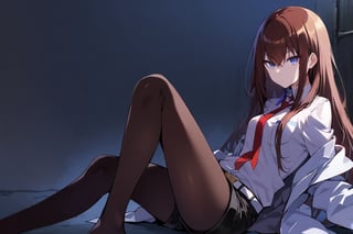 dark atmosphere, Visual Illustration, 1girl, solo, long hair, blue eyes, brown hair, pantyhose, necktie, shorts, belt, black shorts, labcoat, legwear under shorts, makise kurisu, texture paper, 