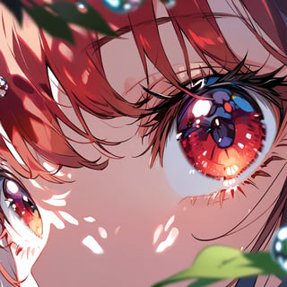 Visual Illustration, 1girl, solo, looking at viewer, bangs, red hair, jewelry, red eyes, earrings, blurry, eyelashes, sakura leaf, close-up, blurry foreground, water drop, dappled sunlight, eye focus