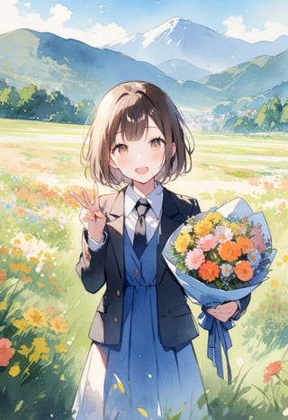 watercolor, Visual Illustration, 1girl, solo, open mouth, simple background, brown hair, shirt, white background, jacket, white shirt, necktie, collared shirt, black jacket, v, black necktie, holding, standing, flower, outdoors, sky, day, cloud, blue dress, cloudy sky, grass, scenery, bouquet, mountain, field, mountainous horizon