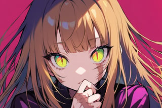 Visual Illustration, 1girl, solo, long hair, looking at viewer, bangs, purple background, dark yellow hair, slit pupils, red background, green sclera, silver eyes, cat eyes, hand on own mouth, scar on hand, colored sclera, flower, white eyes