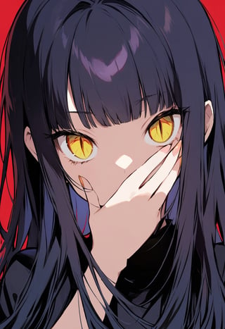 Visual Illustration, 1girl, solo, long hair, looking at viewer, bangs, simple background, dark blue hair, slit pupils, red background, blue sclera, yellow eyes, cat eyes, hand on own mouth
