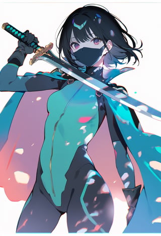 Visual Illustration, 1girl, solo, short hair, simple background, black hair, gloves, white background, holding, weapon, sword, cape, holding weapon, bodysuit, mask, holding sword, mouth mask, cropped legs, white background, dappled light, masterpiece, border, chromatic aberration, simple background, long shot, shading, pastel color, pale skin