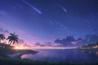 Visual Anime,  masterpiece,  best quality, outdoors, sky, water, tree, no humans, night, grass, building, star (sky), night sky, scenery, starry sky, shooting star, anime_screencap, fake_screenshot, anime coloring, nature, scenery, rock, sand, palm tree, horizon, waves, shore, island, dawn, dark blue theme, fog, dew, 1girl, solo, curly short hair, blush, bangs, orange eyes, shirt, hair between eyes, smile_with_eyes_open, tank top, sweat, upper body, yellow hair, hands covering mouth, blushing, bokeh, blink