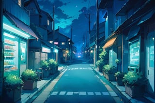 Visual Anime, outdoors, masterpiece, best quality, 
 sky, cloud, tree, no humans, night, plant, building, star (sky), scenery, starry sky, sign, potted plant, road, house, power lines, street, utility pole, vending machine, crosswalk blue theme, green fog