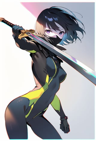 Visual Illustration, 1girl, solo, short hair, simple background, black hair, gloves, white background, holding, weapon, sword, cape, holding weapon, bodysuit, mask, holding sword, mouth mask, cropped legs, white background, light, masterpiece, border, chromatic aberration, simple background, long shot, shading, pastel color, pale skin