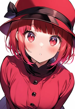 Visual Illustration, 1girl, solo, looking at viewer, blush, short hair, bangs, simple background, red eyes, long sleeves, hat, white background, red hair, arima kana
