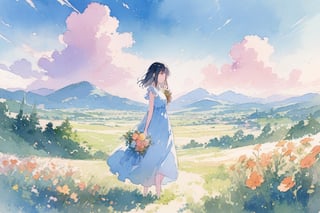 watercolor, Visual Illustration, 1girl, solo, black hair, dress, holding, standing, flower, outdoors, sky, day, cloud, blue dress, cloudy sky, grass, scenery, bouquet, mountain, field, mountainous horizon