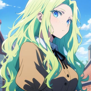 anime, anime style, niji6 style, by nijijourney, 1girl, solo, blue eyes, long hair, ponytail, straight hair, freckles, looking at viewer, green hair, outdoors, sky, upper body, puffy sleeves, cloud, dress, day, blue sky, yellow dress, closed mouth, blurry, blurry background, building, shirt, long sleeves, juliet sleeves, black ribbon, ribbon, breasts, hair intakes, expressionless, cloudy sky, hair down, alternate hairstyle, black shirt, neck ribbon, house, alternate costume, wavy hair, eyelashes, collared shirt, collared dress, messy hair, sidelocks, buttons, medium breasts, blonde hair, animification, anime coloring, fake screenshot, screencap, anime screencap