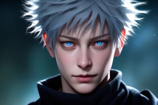 semi realistic anime, gojou satoru, \(jujutsu kaisen\), jujutsu kaisen, 3d, solo, looking at viewer, short hair, blue eyes, 1boy, grey hair, closed mouth, male focus, portrait, realistic, gojou satoru (jujutsu kaisen), masterpiece, best quality, (extremely detailed CG unity 8k wallpaper, masterpiece, best quality, ultra-detailed, best shadow), (detailed background), (beautiful detailed face, beautiful detailed eyes), High contrast, (best illumination, an extremely delicate and beautiful), realistic hair, photorealistic