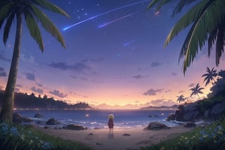 Visual Anime,  masterpiece,  best quality, outdoors, sky, water, tree, no humans, night, grass, building, star (sky), night sky, scenery, starry sky, shooting star, anime_screencap, fake_screenshot, anime coloring, nature, scenery, rock, sand, palm tree, horizon, waves, shore, island, dawn, dark blue theme, fog, dew, 1girl, solo, curly short hair, blush, bangs, orange eyes, shirt, hair between eyes, smile_with_eyes_open, tank top, sweat, upper body, yellow hair, hands covering mouth, blushing, bokeh, blink, fireflies