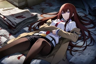 dark atmosphere, Visual Illustration, 1girl, solo, long hair, purple eyes, dark red hair, pantyhose, necktie, shorts, belt, black shorts, labcoat, legwear under shorts, makise kurisu, official art, game cg, steins;gate, highres, absurdres, ringed eyes, lying, newspaper, blood, death