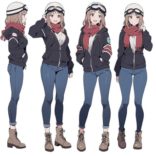 Visual Anime, masterpiece, best quality, @Komiya, Komiya_Ena, 1girl, solo, breasts, 20 y.o, brown hair, smile, open mouth, jacket, black Jaket, red scarf, jeans, white background, fullbody, standing, boots, clean background, long shoot, different view, different angle, white helmet, googles on headware,