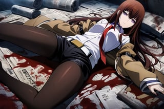 dark atmosphere, Visual Illustration, 1girl, solo, long hair, purple eyes, dark red hair, pantyhose, necktie, shorts, belt, black shorts, labcoat, legwear under shorts, makise kurisu, official art, game cg, steins;gate, highres, absurdres, ringed eyes, lying, newspaper, blood, death