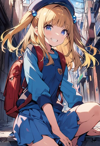 Visual Illustration, 1girl, solo, looking at viewer, smile, bangs, blue eyes, skirt, shirt, hair ornament, long sleeves, hat, yellow hair, bag, grin, two side up, blue skirt, backpack, blue shirt, hair bobbles, pocket