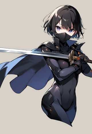 Visual Illustration, 1girl, solo, short hair, simple background, black hair, gloves, white background, holding, weapon, sword, cape, holding weapon, bodysuit, mask, holding sword, mouth mask, cropped legs