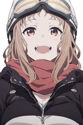 Visual Anime, Kodayu, masterpiece, best quality, @Komiya, Komiya_Ena, 1girl, solo, breasts, 2 y.o, brown hair, smile, open mouth, black Jaket, red scarf, jeans, white background, upper_body, clean background, long shoot, different view, different angle, white helmet, headware, goggles on helmet