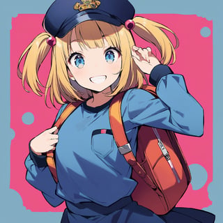 Visual Illustration, 1girl, solo, looking at viewer, smile, bangs, blue eyes, skirt, shirt, hair ornament, long sleeves, hat, yellow hair, bag, grin, two side up, blue skirt, backpack, blue shirt, hair bobbles, pocket, simple background, border_background