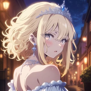 anime, anime style, niji6 style, by nijijourney, anime, anime style, niji6 style, by nijijourney, 1girl, solo, jewelry, looking at viewer, earrings, dress, looking back, tiara, blurry background, bare shoulders, upper body, night, blurry, necklace, parted lips, blonde hair, outdoors, from behind, sidelocks, hime cut, back, backless outfit, grey eyes, off shoulder, city, hair up, building, backless dress, blush, bare back, messy hair, city lights, depth of field, hair between eyes, off-shoulder dress, white dress, short hair, updo, open mouth, long hair, night sky, shoulder blades, photo background, flower earrings, brown eyes, cityscape, animification, anime coloring, fake screenshot, screencap, anime screencap, shaded, blue theme, night, detailed eyes, thick eyelashes, diamond, masterpiece, best quality, highres, 4k, 8k, intricate detail, cinematic lighting, amazing quality, amazing shading, film grain, blurry foreground, vignetting chiaroscuro, chromatic aberration, backlighting, global illumination, drop shadow, detailed illustration, anime style, wallpaper, animification, anime coloring, fake screenshot, screencap, anime screencap
