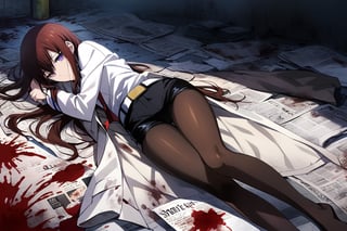 dark atmosphere, Visual Illustration, 1girl, solo, long hair, purple eyes, dark red hair, pantyhose, necktie, shorts, belt, black shorts, labcoat, legwear under shorts, makise kurisu, official art, game cg, steins;gate, highres, absurdres, ringed eyes, lying, newspaper, blood, death, blood stain, okabe rintaro, hug