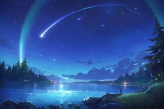 Visual Anime,  masterpiece,  best quality, outdoors, sky, water, tree, no humans, night, grass, building, star (sky), night sky, scenery, starry sky, shooting star, anime_screencap, fake_screenshot, anime coloring, nature, scenery, rock, sand, palm tree, horizon, waves, shore, island, dawn, dark blue theme, fog, dew, Aurora Borealis, aurora,