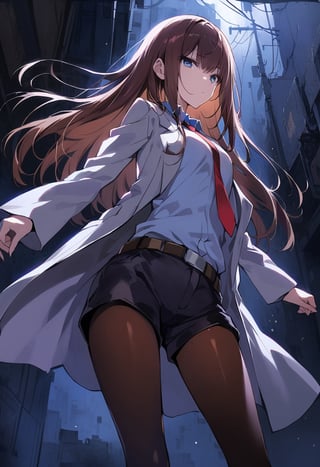 dark atmosphere, Visual Illustration, 1girl, solo, long hair, blue eyes, brown hair, pantyhose, necktie, shorts, belt, black shorts, labcoat, legwear under shorts, makise kurisu