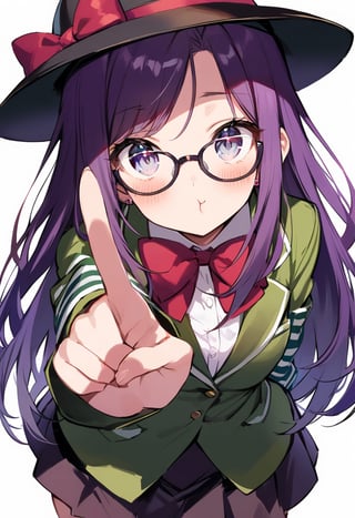 Visual Illustration, 1girl, solo, long hair, looking at viewer, blush, bangs, hat, silver eyes, purple hair, simple background, shirt, stripped sleeves, white background, jewelry, open mouth, school uniform, white shirt, cowboy shot, earrings, eye_glasses, green jacket, sidelocks, red bow, parted bangs, index finger raised, ;t, foreshortening, hand up, skirt