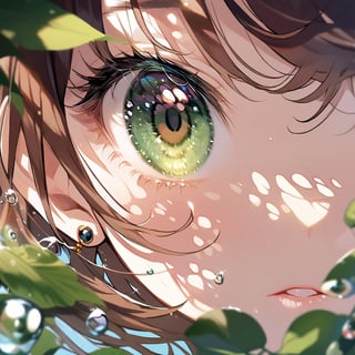 Visual Illustration, 1girl, solo, looking at viewer, bangs, brown hair, jewelry, green eyes, earrings, blurry, eyelashes, leaf, close-up, blurry foreground, water drop, dappled sunlight, eye focus