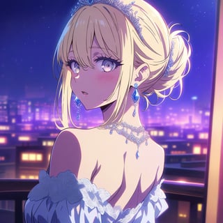 anime, anime style, niji6 style, by nijijourney, anime, anime style, niji6 style, by nijijourney, 1girl, solo, jewelry, looking at viewer, earrings, dress, looking back, tiara, blurry background, bare shoulders, upper body, night, blurry, necklace, parted lips, blonde hair, outdoors, from behind, sidelocks, hime cut, back, backless outfit, grey eyes, off shoulder, city, hair up, building, backless dress, blush, bare back, single hair bun, city lights, depth of field, hair between eyes, off-shoulder dress, white dress, short hair, updo, open mouth, long hair, night sky, shoulder blades, photo background, flower earrings, brown eyes, cityscape, animification, anime coloring, fake screenshot, screencap, anime screencap, shaded, blue theme, night, detailed eyes, thick eyelashes, diamond, masterpiece, best quality, highres, 4k, 8k, intricate detail, cinematic lighting, amazing quality, amazing shading, film grain, blurry foreground, vignetting chiaroscuro, chromatic aberration, backlighting, global illumination, drop shadow, detailed illustration, anime style, wallpaper, animification, anime coloring, fake screenshot, screencap, anime screencap