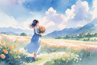 watercolor, Visual Illustration, 1girl, solo, black hair, dress, holding, standing, flower, outdoors, sky, day, cloud, blue dress, cloudy sky, grass, scenery, bouquet, mountain, field, mountainous horizon