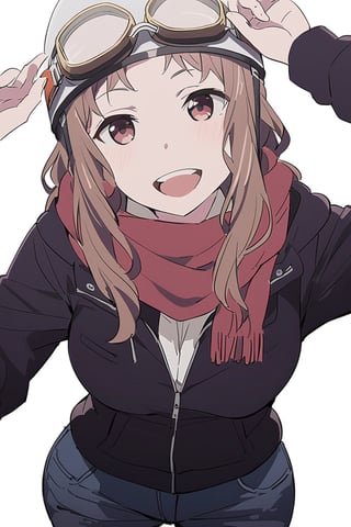 Visual Anime, Kodayu, masterpiece, best quality, @Komiya, Komiya_Ena, 1girl, solo, breasts, 2 y.o, brown hair, smile, open mouth, black Jaket, red scarf, jeans, white background, upper_body, clean background, long shoot, different view, different angle, white helmet, headware, goggles on helmet