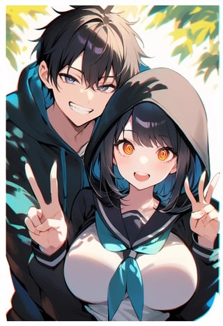 couple, couple pose, 1girl, breasts, looking at viewer, smile, open mouth, large breasts, black hair, 1boy, school uniform, teeth, serafuku, hood, grin, v, hoodie, pale skin, white border, ringed eyes, dappled light, masterpiece, chromatic aberration, simple background, upper body, potrait, glowing, white backgrond, Visual Illustration, long shot, cropped torso, hug from behind