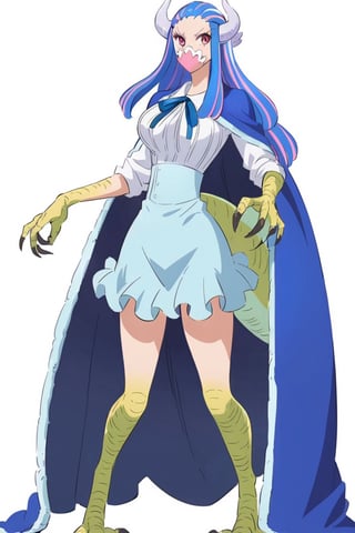 Visual Anime, Humanoid Pachycephalosaurus, ulti turn into dino half form, 1girl, solo, breasts, 20 y.o, blue hair, curled horns, two-tone hair, multicolored hair, pink mouth mask, white shirt, aqua high-waist skirt, blue neck ribbon, blue cape, white background, fullbody, standing, tail, moster girl, claws, scales, dragon girl, clean background, long shoot, rolled sleeves