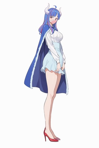Visual Anime, masterpiece, best quality, @Ulti, Ulti anime, 1girl, solo, breasts, 20 y.o, blue hair, ahoge, bangs, curled horns, two-tone hair, multicolored hair, pink mouth mask, white shirt, aqua high-waist skirt, blue neck ribbon, blue cape, white background, fullbody, standing, bare legs, red footwear, high heels, clean background, long shoot, long sleeves