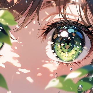 Visual Illustration, 1girl, solo, looking at viewer, bangs, brown hair, jewelry, green eyes, earrings, blurry, eyelashes, leaf, close-up, blurry foreground, water drop, dappled sunlight, eye focus