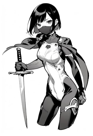 Visual Illustration, 1girl, solo, short hair, simple background, black hair, gloves, white background, holding, weapon, sword, cape, holding weapon, bodysuit, mask, holding sword, mouth mask, cropped legs, monochrome