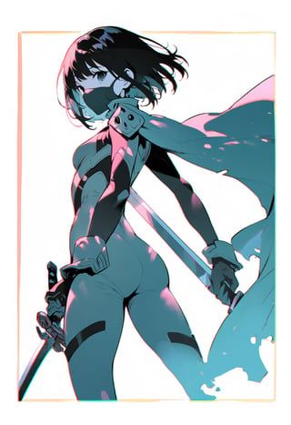 Visual Illustration, 1girl, solo, short hair, simple background, black hair, gloves, white background, holding, weapon, sword, cape, holding weapon, bodysuit, mask, holding sword, mouth mask, cropped legs, monochrome, white background, dappled light, masterpiece, border, chromatic aberration, simple background, long shot, shading, pastel color