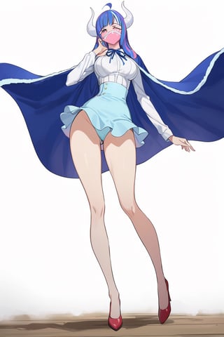 Visual Anime, masterpiece, best quality, @Ulti, Ulti anime, 1girl, solo, breasts, 20 y.o, blue hair, ahoge, bangs, curled horns, two-tone hair, multicolored hair, pink mouth mask, white shirt, aqua high-waist skirt, blue neck ribbon, blue cape, white background, fullbody, standing, bare legs, red footwear, high heels, clean background, long shoot, long sleeves