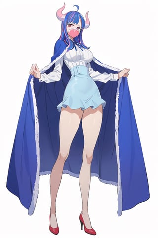 Visual Anime, masterpiece, best quality, @Ulti, Ulti anime, 1girl, solo, breasts, 20 y.o, blue hair, ahoge, bamgs, curled horns, two-tone hair, multicolored hair, pink mask, mouth mask, white shirt, high-waist skirt, ribbon, neck ribbon, blue cape, white background, fullbody, standing, bare legs, red footwear, high heels, clean background, long shoot, long sleeves, blue aqua skirt,