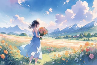 Visual Illustration, 1girl, solo, black hair, dress, holding, standing, flower, outdoors, sky, day, cloud, blue dress, cloudy sky, grass, scenery, bouquet, mountain, field, mountainous horizon, watercolor