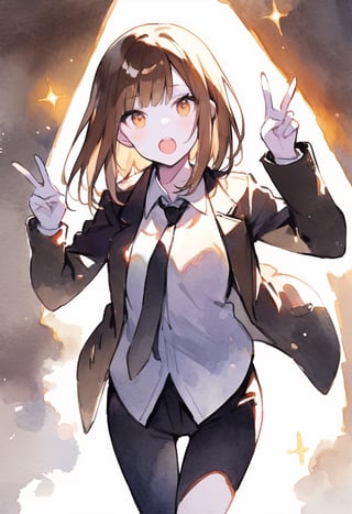 watercolor, Visual Illustration, bright, sunlight, sparkle, white skin, 1girl, solo, open mouth, simple background, brown hair, shirt, white background, jacket, white shirt, necktie, collared shirt, black jacket, v, black necktie, holding, standing, dark atmosphere, pale skin