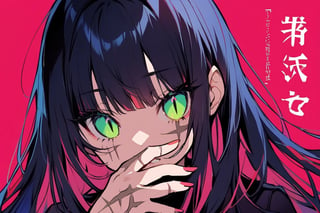 Visual Illustration, 1girl, solo, long hair, looking at viewer, bangs, pink background, dark blue hair, slit pupils, red background, green sclera, silver eyes, cat eyes, hand on own mouth, scar on hand, colored sclera, flower,
