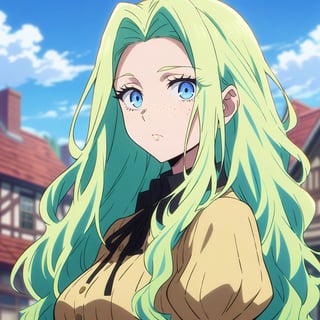 aged up, anime, anime style, niji6 style, by nijijourney, 1girl, solo, blue eyes, long hair, long_ponytail, straight hair, freckles, looking at viewer, green hair, yellow hair tie, outdoors, sky, upper body, puffy sleeves, cloud, dress, day, blue sky, yellow dress, closed mouth, blurry, blurry background, building, shirt, long sleeves, juliet sleeves, black ribbon, ribbon, breasts, hair intakes, expressionless, cloudy sky, hair down, alternate hairstyle, black shirt, neck ribbon, house, alternate costume, wavy hair, eyelashes, collared shirt, collared dress, messy hair, sidelocks, buttons, medium breasts, blonde hair, animification, anime coloring, fake screenshot, screencap, anime screencap