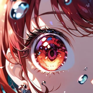 Visual Illustration, 1girl, solo, looking at viewer, bangs, red hair, jewelry, red eyes, earrings, blurry, eyelashes, sakura leaf, close-up, blurry foreground, water drop, dappled sunlight, eye focus