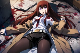 dark atmosphere, Visual Illustration, 1girl, solo, long hair, purple eyes, dark red hair, pantyhose, necktie, shorts, belt, black shorts, labcoat, legwear under shorts, makise kurisu, official art, game cg, steins;gate, highres, absurdres, ringed eyes, lying, newspaper, blood, death, blood stain, blood splatter, blood on clothes, corpse, knife in stomatch, blood from mouth