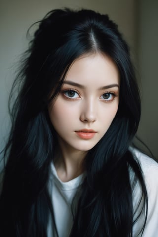 26 y.o. russian girl, eyeshadow, long eyelashes, (messy hair:0.6), film photography aesthetic, long black hair, dynamic composition, skin texture, sharp focus, hard shadows