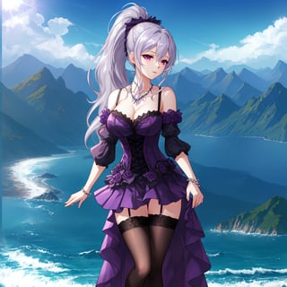 A captivating anime-style portrait of a silver-haired beauty with a high ponytail, dressed in a chic black-purple mini dress adorned with tasteful accessories. Her slightly rounder face and fuller figure exude charm and allure, while her long, shapely legs are accentuated by sleek black over-the-knee stockings. She stands confidently against a stunning backdrop of majestic mountains and a vast, shimmering ocean. The soft lighting highlights her delicate features and mesmerizing eyes, while the composition captures her elegance and sensuality.