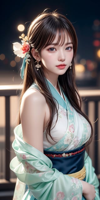 masterpiece,1 girl, very bright backlighting, solo, {beautiful and detailed eyes}, large breasts,dazzling moonlight, calm expression, natural and soft light, hair blown by the breeze, delicate facial features, Blunt bangs,long hair,beautiful korean girl, eye smile,looking at viewer, wearing a fashionable hanfu, hair ornament, earrings, realistic detailed skin texture, detailed hair, 20 yo, ((model pose)), Glamor body type, bare shoulder,(colorful hanfu),beautiful and detailed flowers on hair,shot in chinese palace,fanstic night,and a hint of the night cityscape in the background,(halfbody shot:1.3),