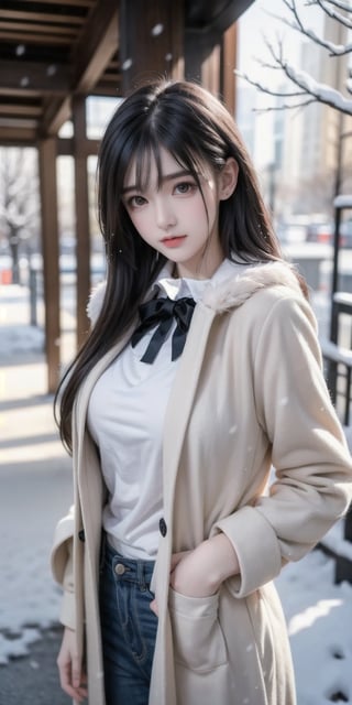 best quality,HDR,UHD,8K,Vivid Colors,solo,photo_,(1girl:1.3),(standing:1.3),(looking at viewer:1.4),Elegant,detailed gorgeous face,(upper body:1.2),bright,(snowing background:1.2),(pale skin:1.4),,Twinkle,pink coat,fur collar,bow